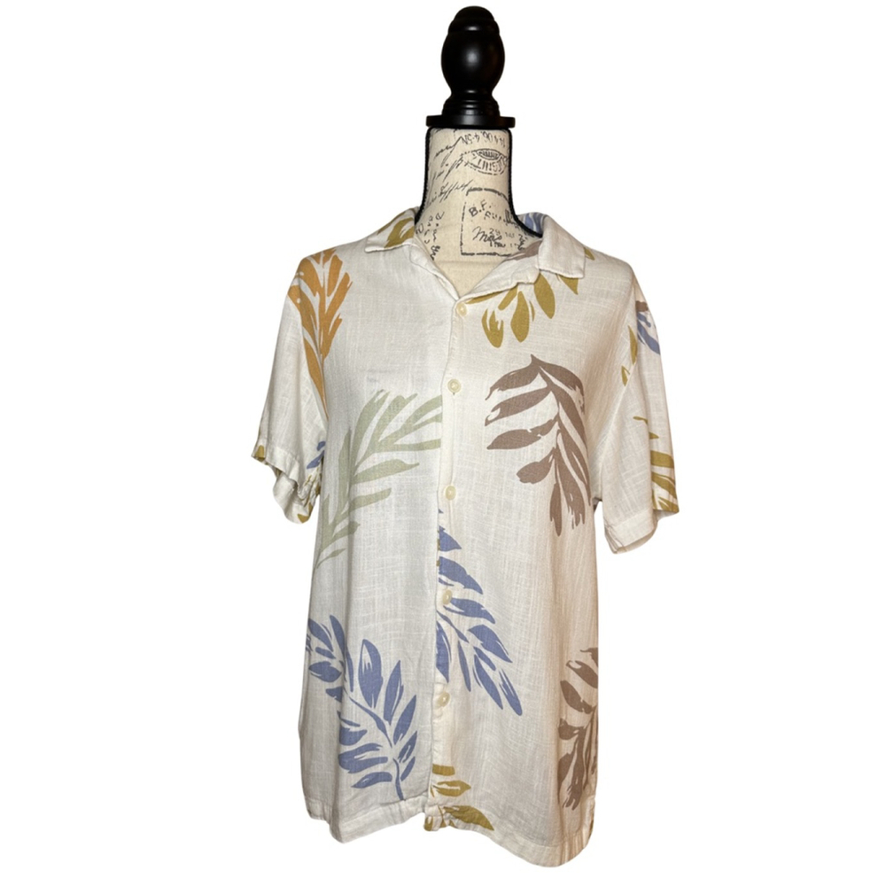 Porter & Ash Size Medium Linen Blend Palm Leaf Button Down Blouse